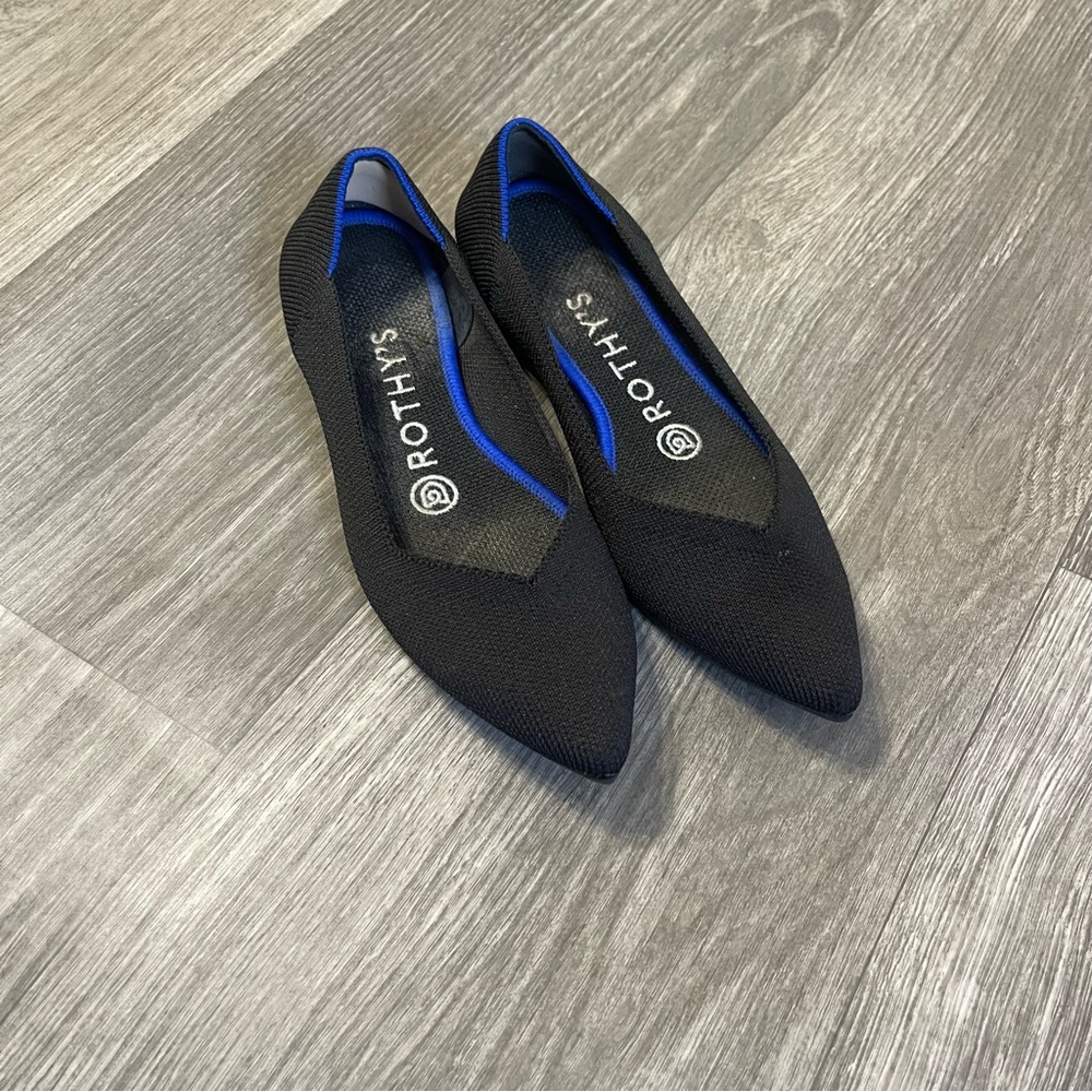 Rothy's Black Pointed Flats with Blue Trim